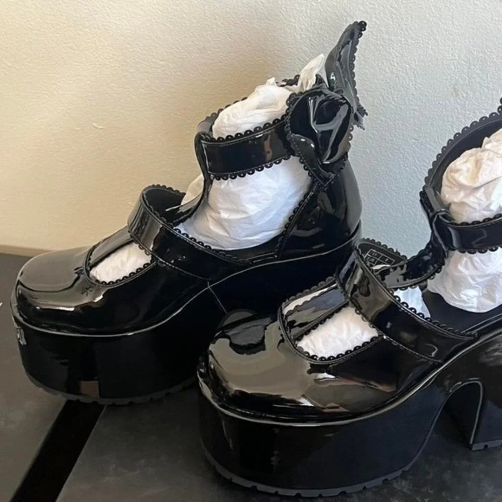 Killstar Black Patent Scalloped‎ Platform Mary Jane Bow Heels US 10